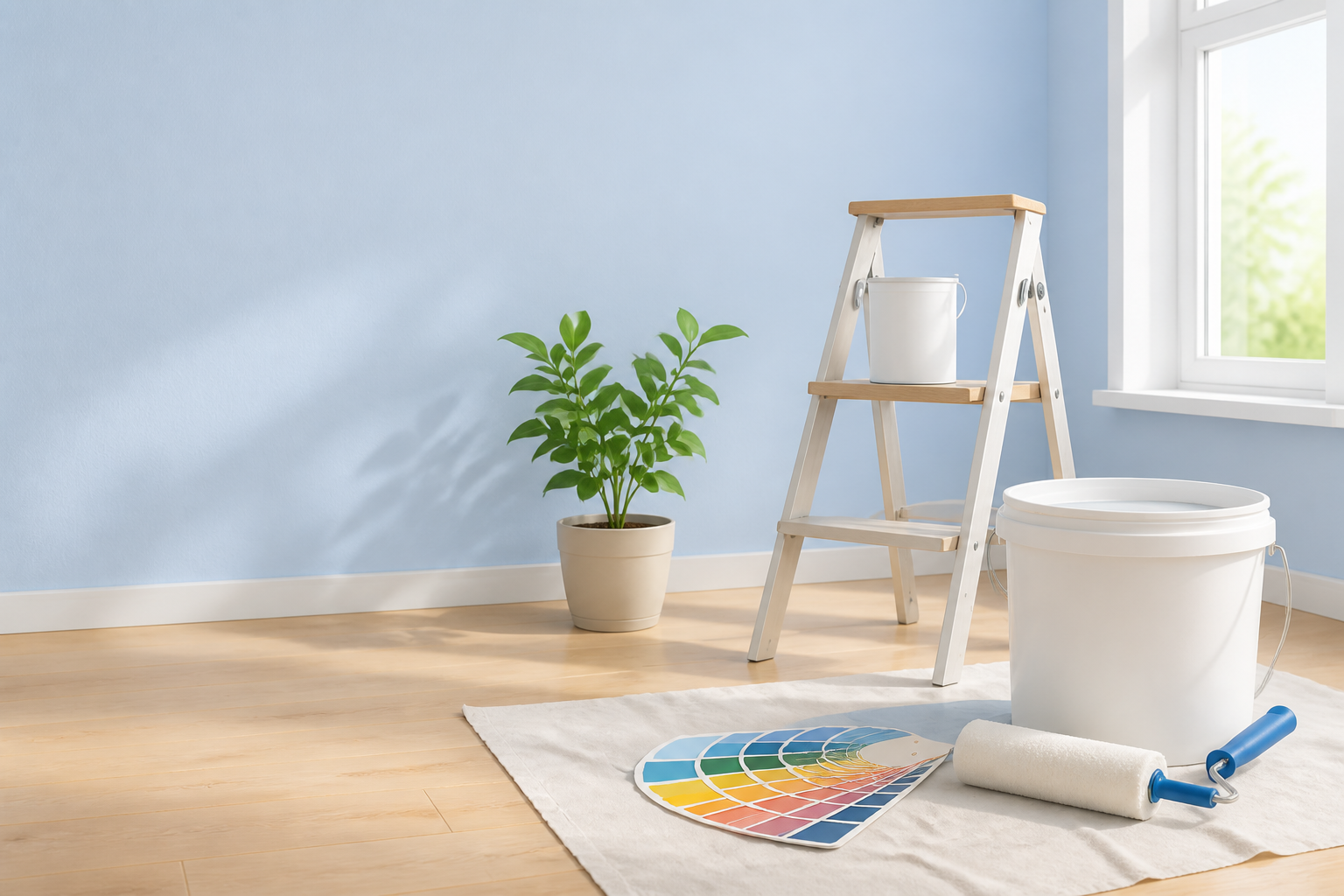 Intérieur lumineux en préparation de peinture avec un escabeau, un rouleau et un nuancier.